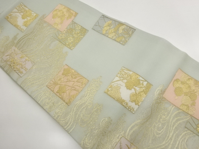JAPANESE KIMONO / NAGOYA OBI / WOVEN FLORAL / ROUGH WAVE PATTERNS RO-S
